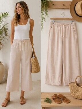 Noracora Cotton Wide Leg Cropped Pants LBlush Pink-Cream Pull-On Built-In Shorts